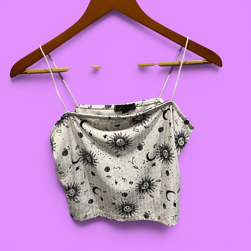 Cute celestial ribbed square neck crop top skinny strap stretch